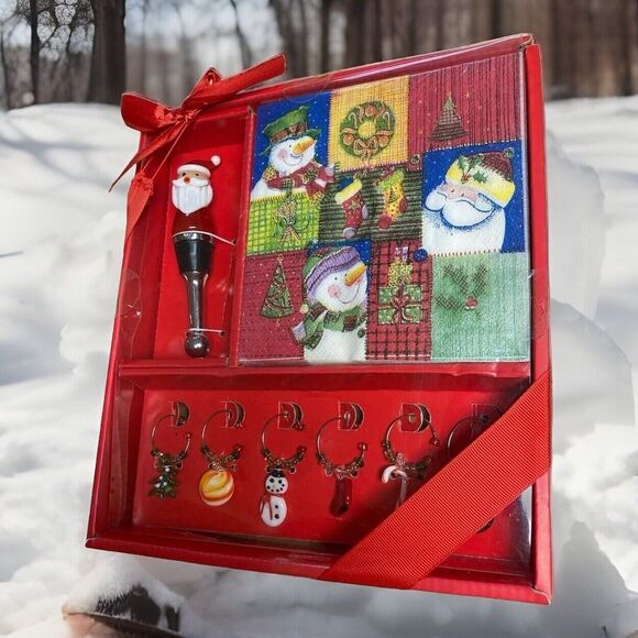 None Other - Christmas set NOS napkins, wine stopper & drink charms Santa Claus Holiday Dine